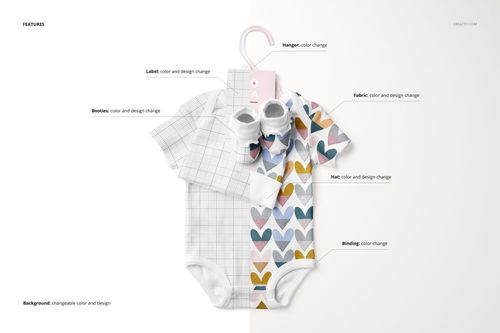 Front view of a baby onesie mockup with booties and hat, featuring split patterns and a hanger on a light background.