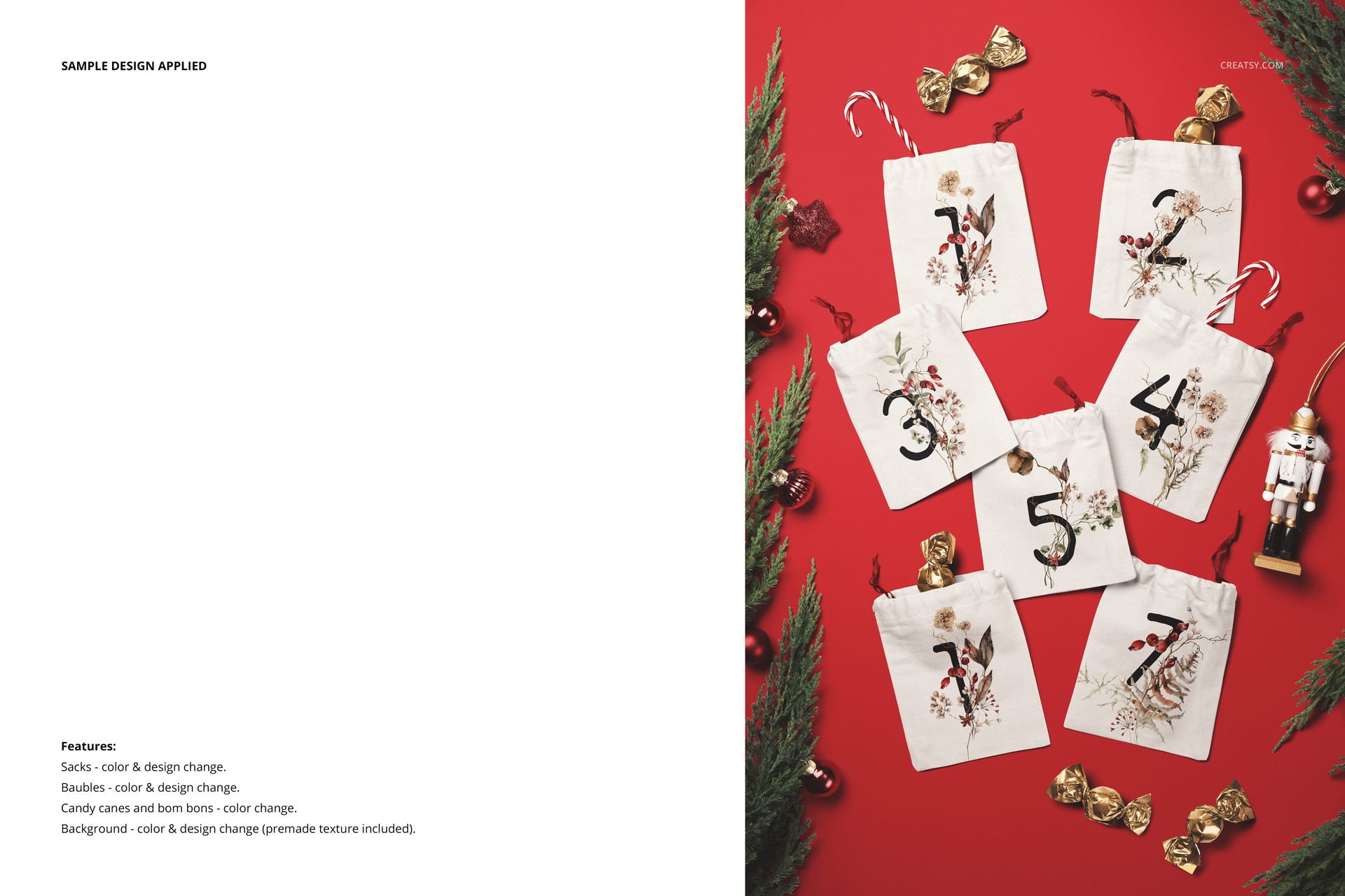 Drawstring sacks advent calendar mockup featuring numbered fabric bags with holiday patterns, surrounded by pine branches and ornaments.