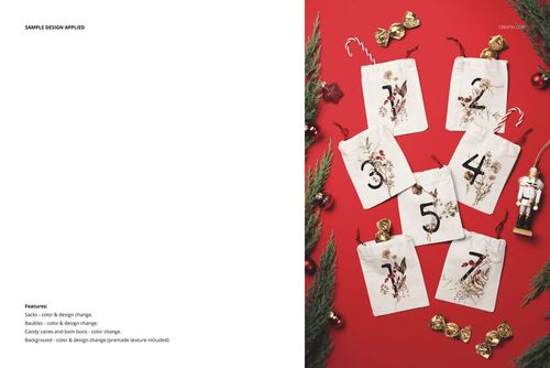 Drawstring sacks advent calendar mockup featuring numbered fabric bags with holiday patterns, surrounded by pine branches and ornaments.