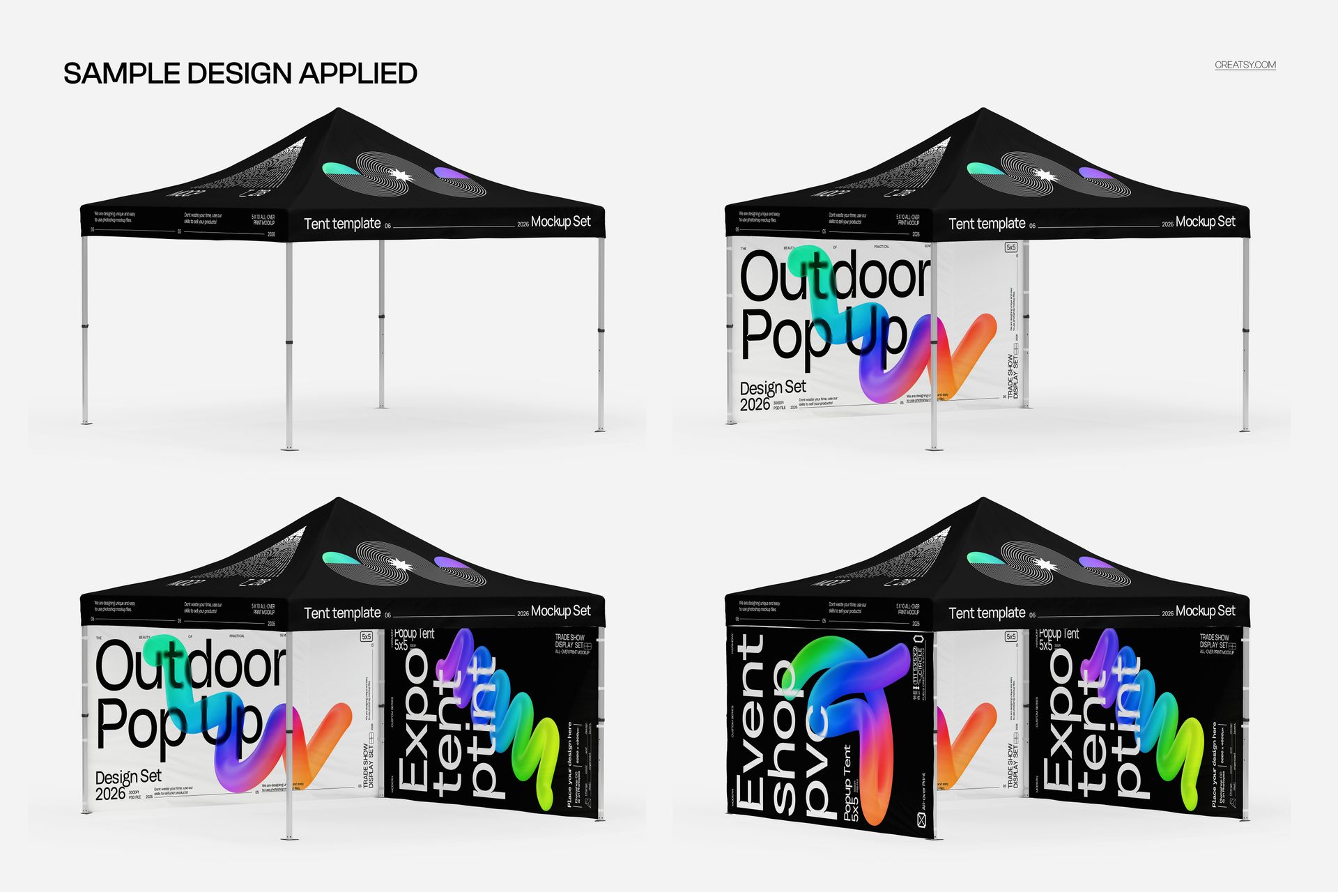 Pop up tent mockup with black canopy and colorful abstract patterns, shown from multiple angles on a white background.