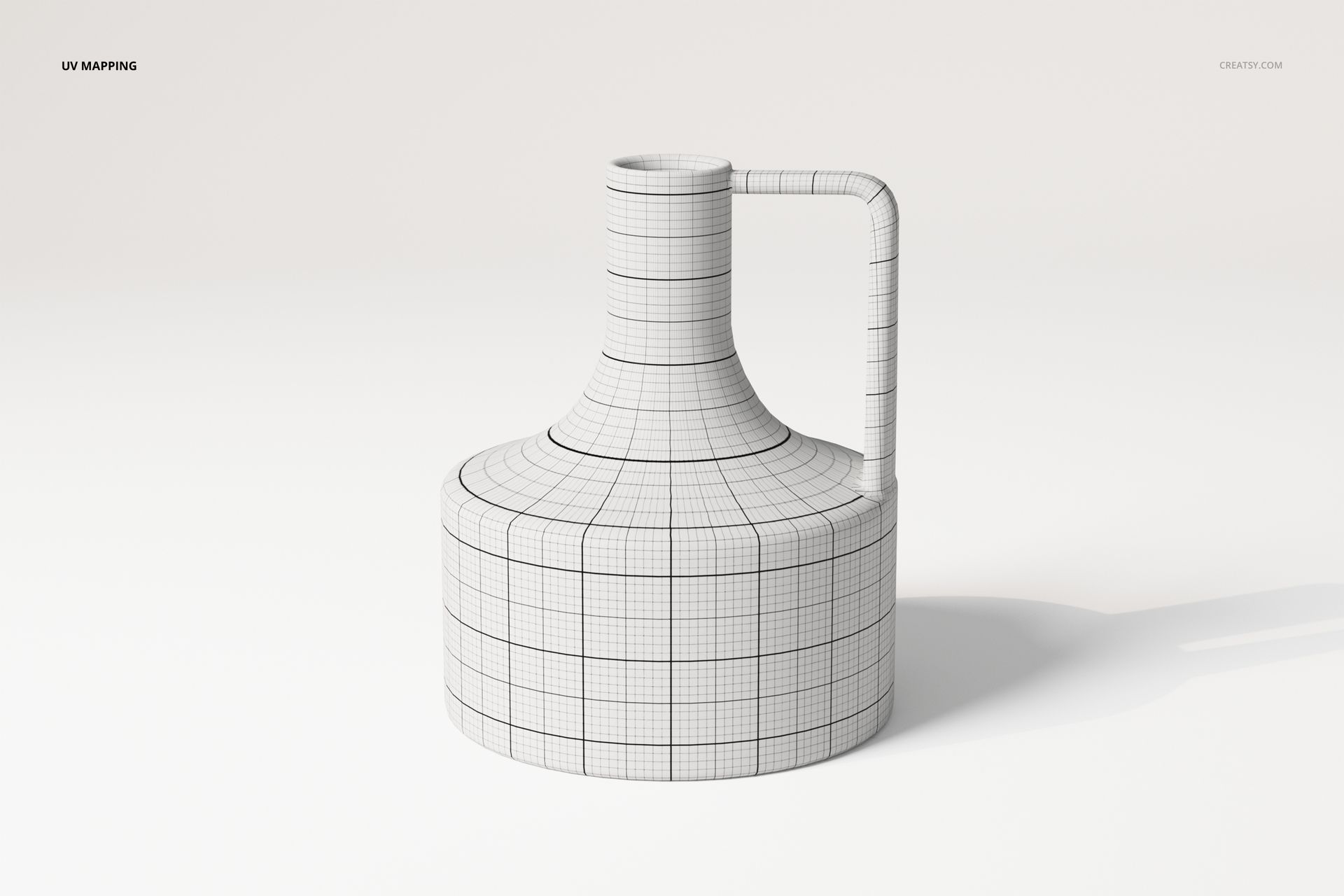 Front view of a decorative pitcher vase 3D model with a cylindrical body and handle, shown in wireframe grid texture.