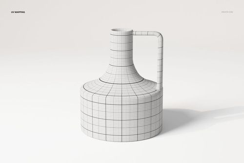Front view of a decorative pitcher vase 3D model with a cylindrical body and handle, shown in wireframe grid texture.
