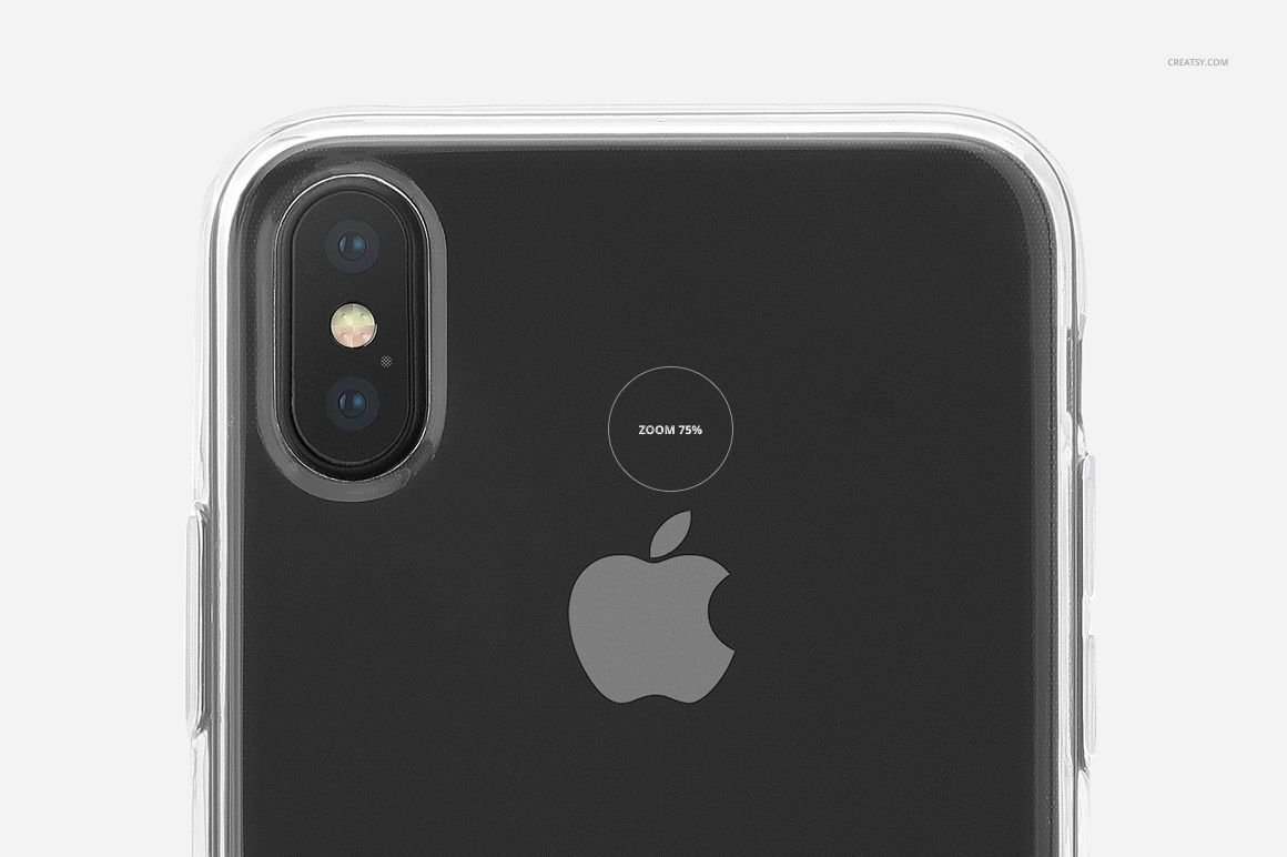 Back view of a black iPhone X with transparent case, featuring dual camera and centered Apple logo, PSD mockup scene.