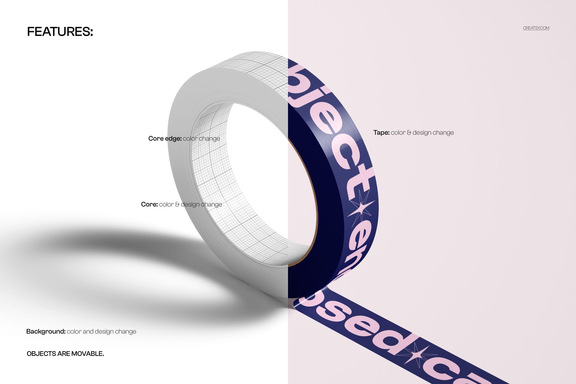 Narrow duct tape mockup with a split background, showing a white and a dark blue tape design from a side angle.