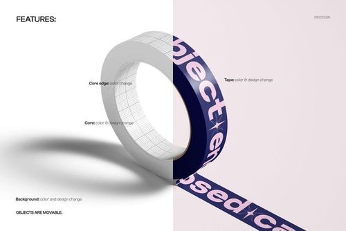 Narrow duct tape mockup with a split background, showing a white and a dark blue tape design from a side angle.