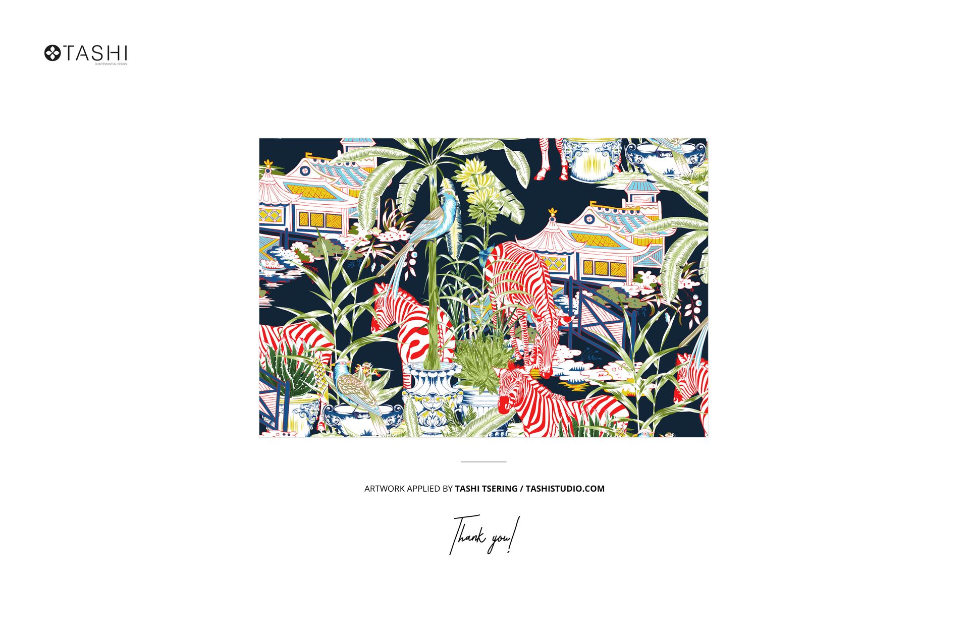 Colorful fabric mockup displaying a jungle-inspired pattern with lush greenery, zebras, and architectural elements.