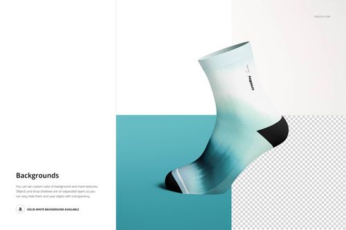 Short sock mockup with a gradient teal and white design, black heel and toe, shown on split blue and transparent background.
