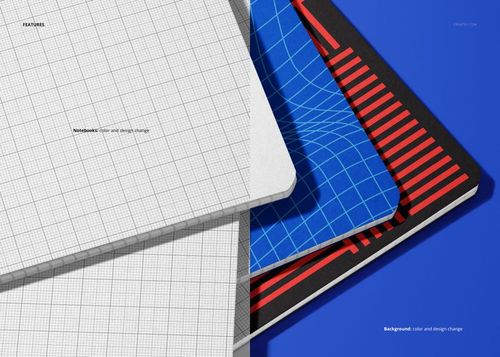 Top view of four notebooks with different grid and geometric cover designs, arranged on a blue background in a stationery mockup.