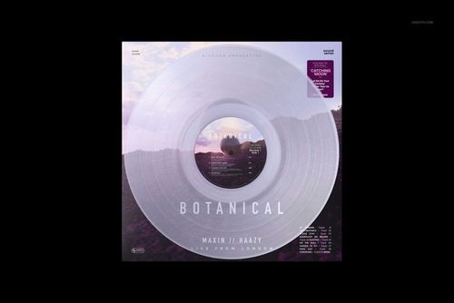 Front view of a clear vinyl record mockup positioned on a square album cover with purple and green landscape imagery.