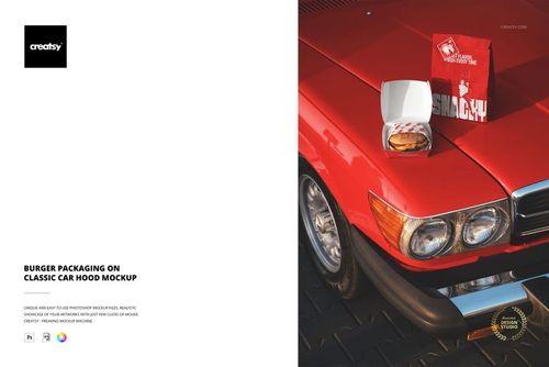 PSD mockup showing burger packaging and a burger box on the shiny red hood of a vintage car in sunlight.