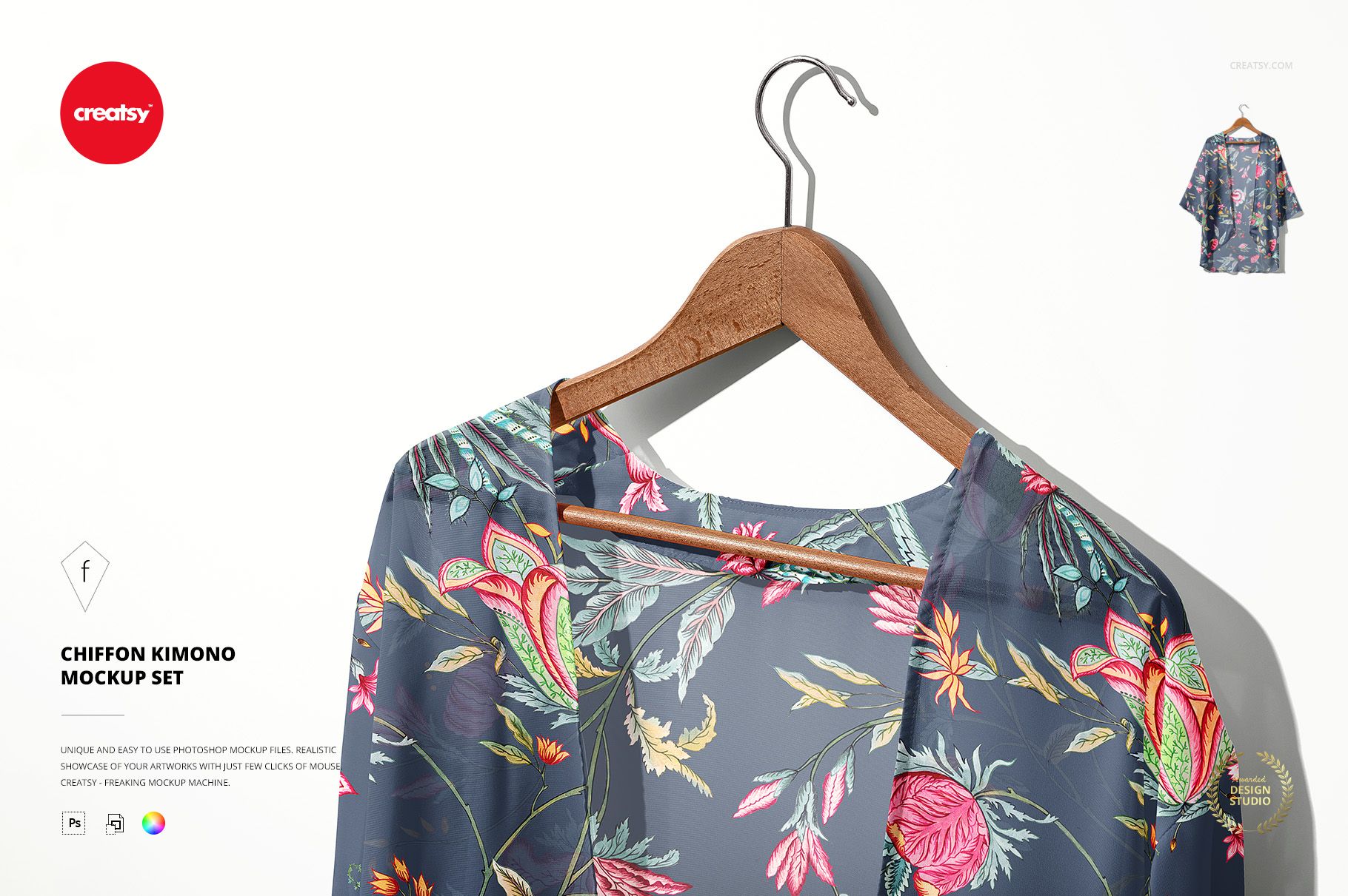 Chiffon kimono mockup featuring vibrant flowers and leaves, hung on a hanger against a light backdrop.