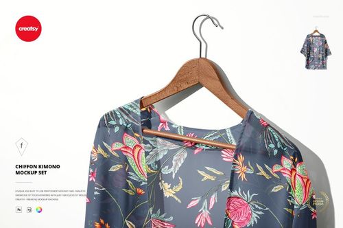 Chiffon kimono mockup featuring vibrant flowers and leaves, hung on a hanger against a light backdrop.