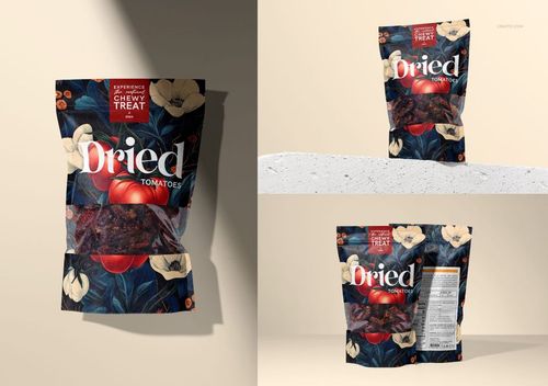 Front and back perspectives of a paper pouch mockup for dried tomatoes, featuring a clear window and colorful design.