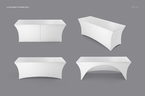 Set of four white tablecloth mockups, each shown from different viewpoints on a neutral gray backdrop.