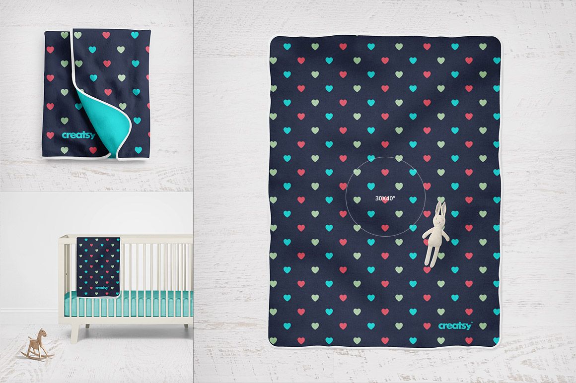 PSD mockup of a baby fleece blanket featuring multicolored hearts, displayed flat and hanging on a crib in a nursery setting.