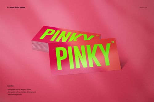 Sticker PSD mockup set displaying vivid pink and green rectangular stickers arranged on a smooth pink surface.
