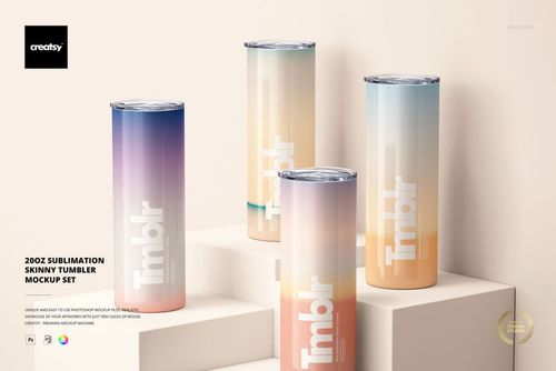 Front view of four 20oz skinny tumblers with gradient pastel designs, arranged on white platforms in a mockup scene.