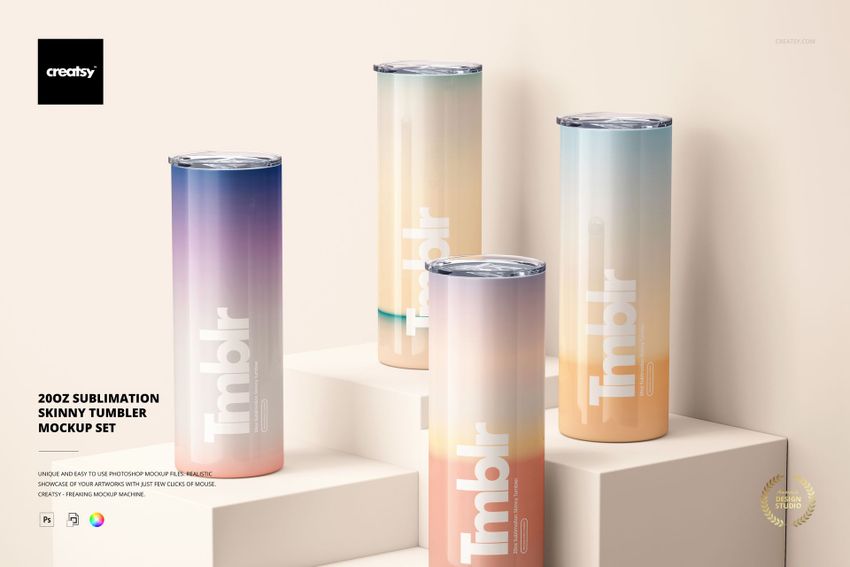Front view of four 20oz skinny tumblers with gradient pastel designs, arranged on white platforms in a mockup scene.