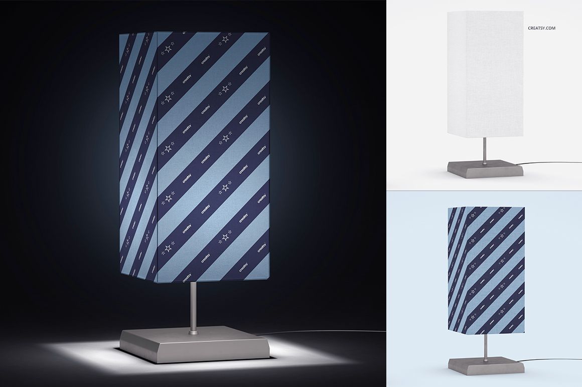 Lampshade mockup featuring a rectangular shade with blue striped pattern on a gray base, displayed in three lighting styles.
