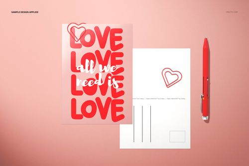 Front view of paper valentines cards mockup set with red love-themed card, white postcard, red pen, and heart clip on a pink background.