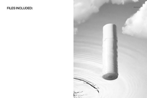 White pump cosmetic bottle mockup floating above a rippling water surface with clouds in the background, front view.