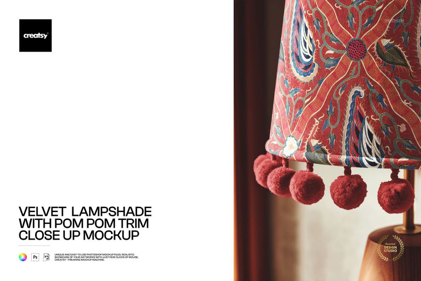 Velvet  Lampshade with Pom Pom Trim Close Up Mockup - mockup screenshot 1