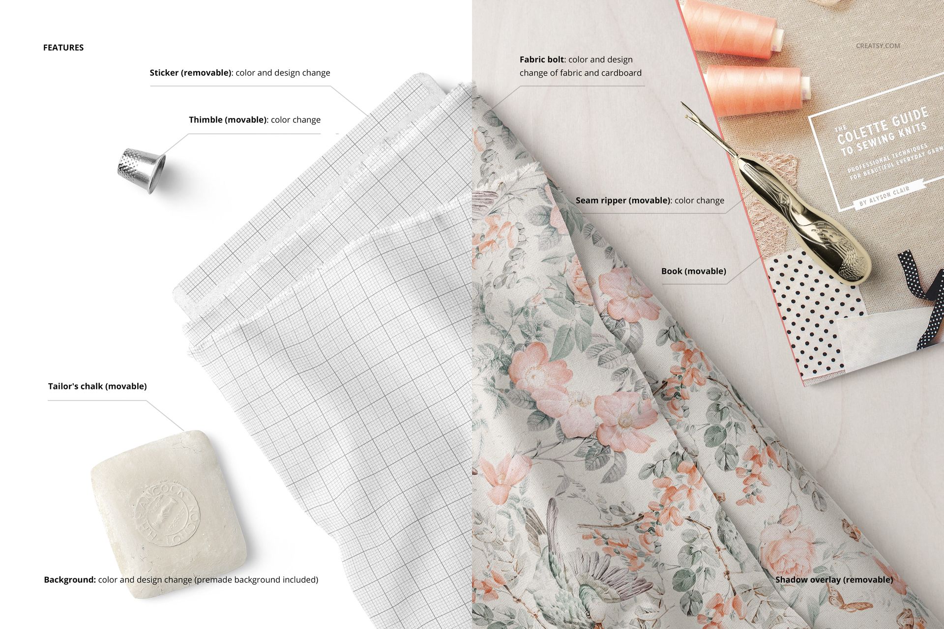 PSD mockup showing a fabric bolt with floral print and grid design, alongside sewing tools and a book on a tabletop.