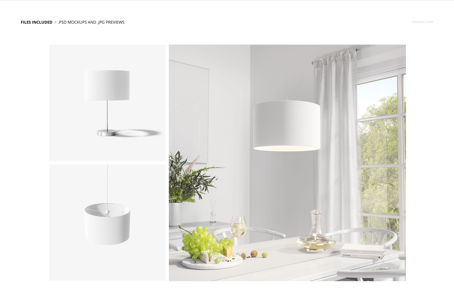 Round white lamp shade mockup displayed in a bright dining room with large window and white curtains.