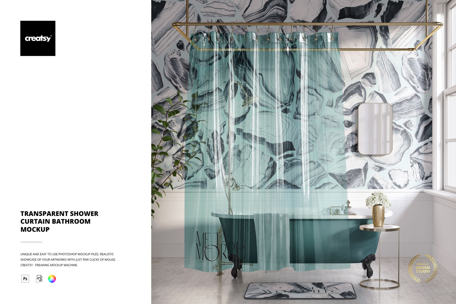 PSD mockup of a bathroom with a clear shower curtain, patterned wall tiles, window, bath mat, and a vase on a nearby table.