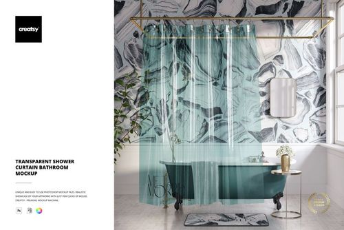 PSD mockup of a bathroom with a clear shower curtain, patterned wall tiles, window, bath mat, and a vase on a nearby table.