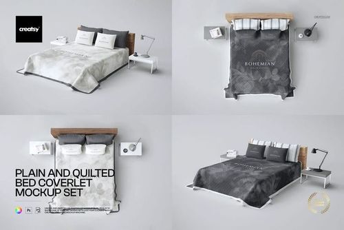 Mockup set showing plain and quilted bed coverlets on a modern bed with pillows, viewed from multiple angles.