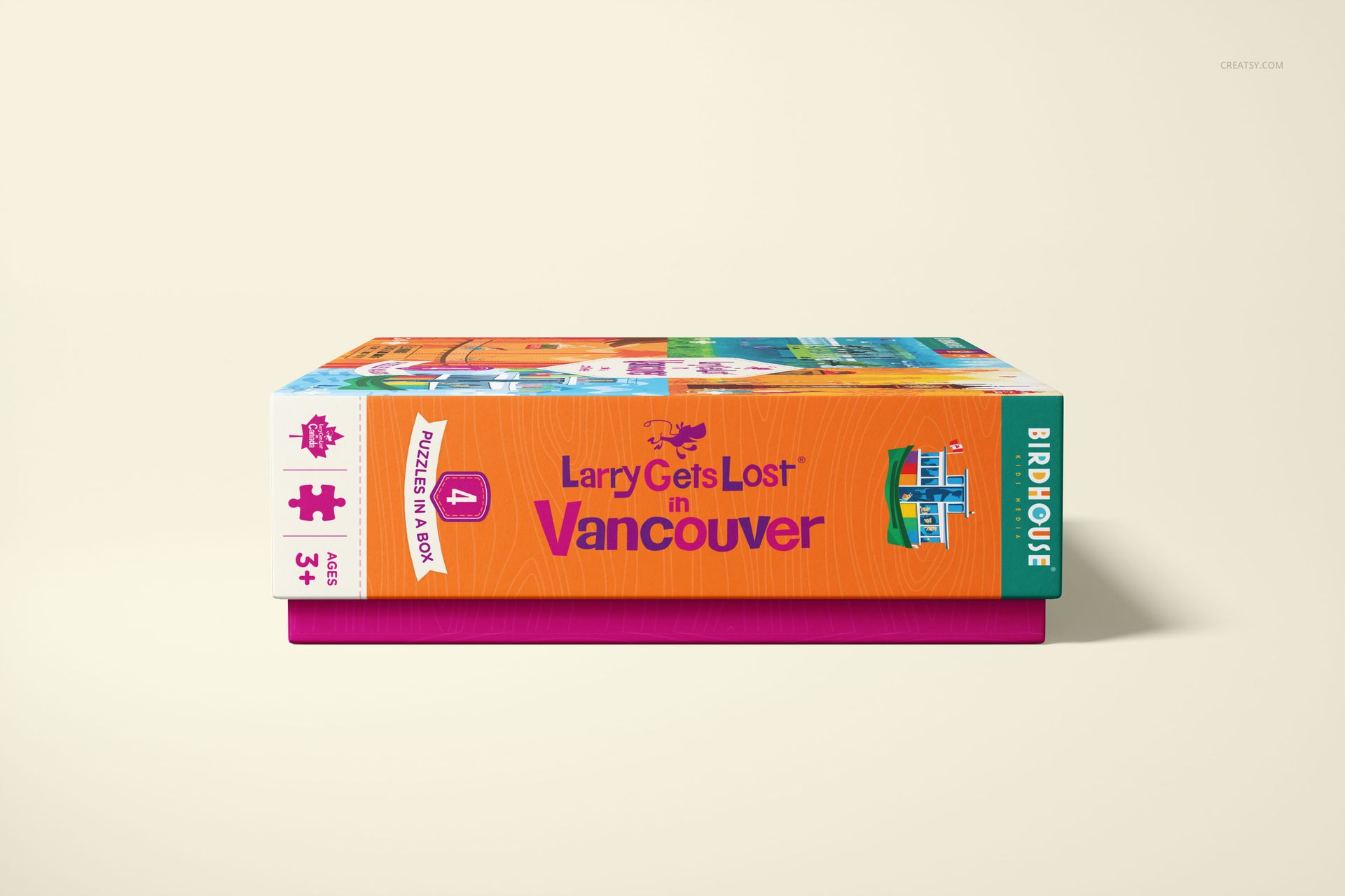 Mockup of a jigsaw puzzle box with playful graphics and bright colors, shown from a straight-on horizontal perspective.