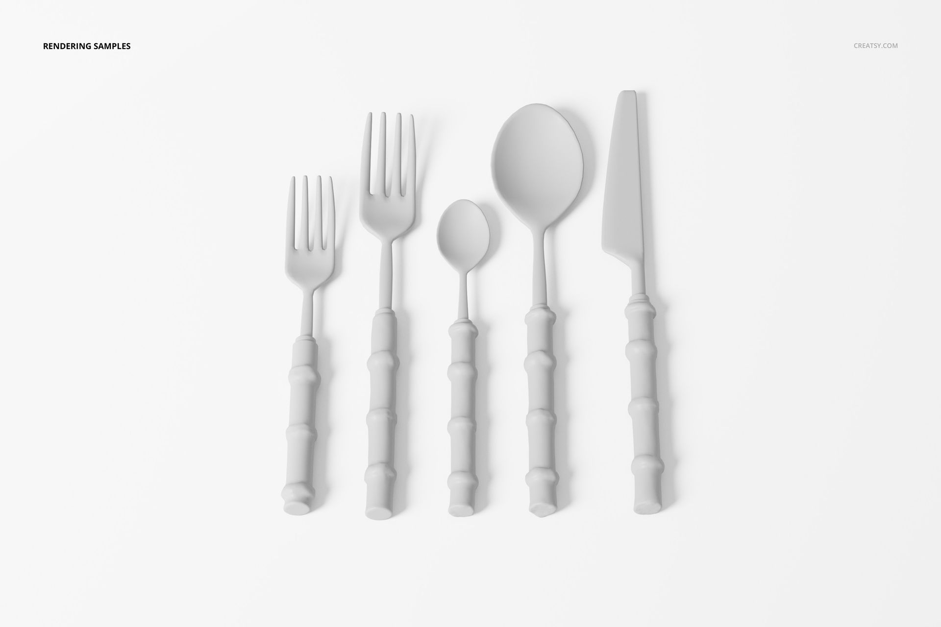 Top view of a bamboo cutlery set featuring five matte gray utensils with textured handles on a white background.
