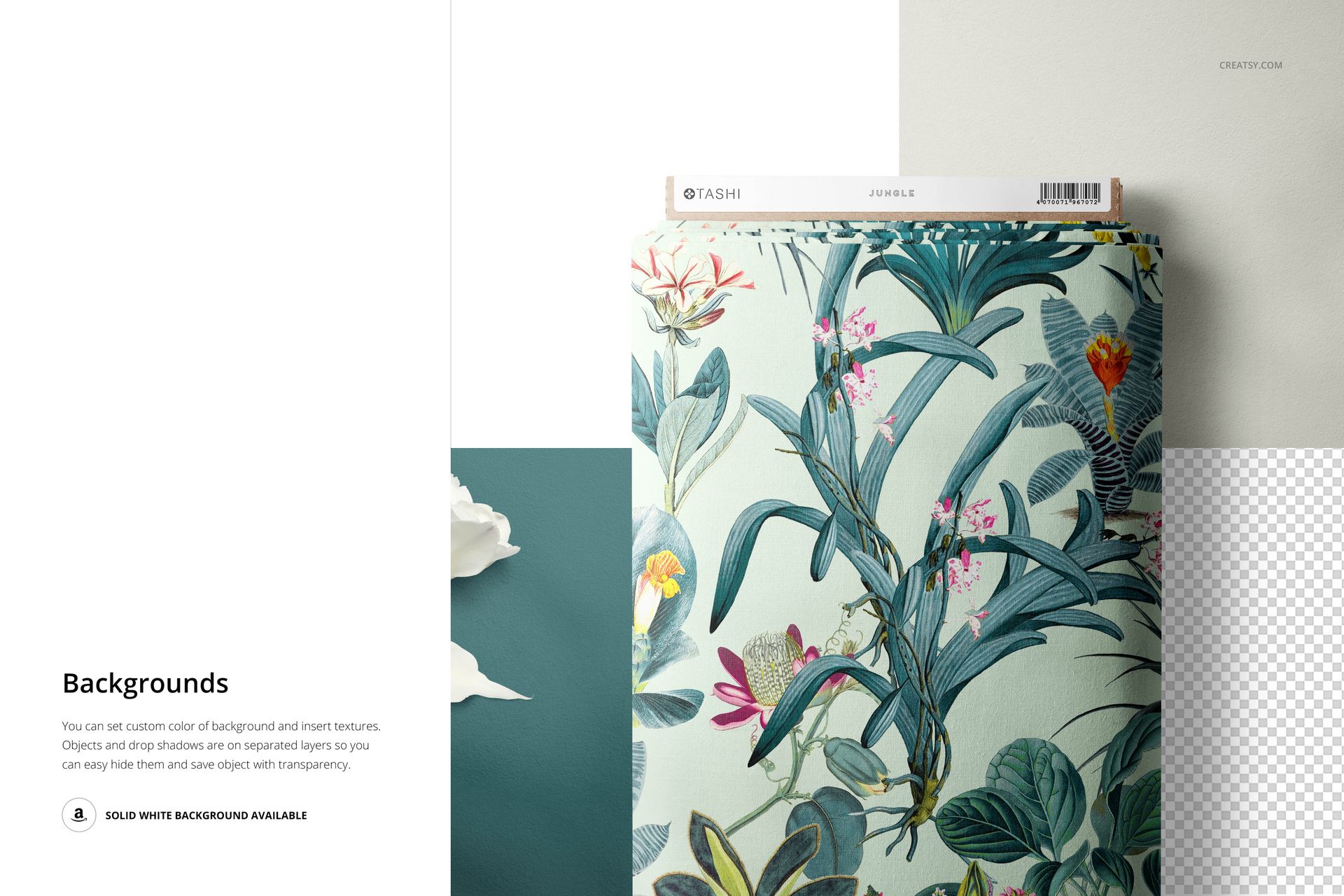 Fabric bolt mockup featuring a floral design, cardboard end with sticker, shown from above with color block backgrounds.