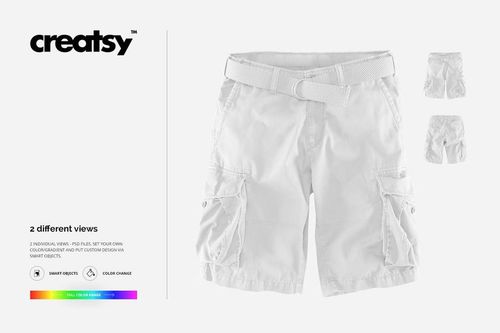 White cargo shorts with belt displayed on a plain background, shown in front and back views for adult apparel mockup.