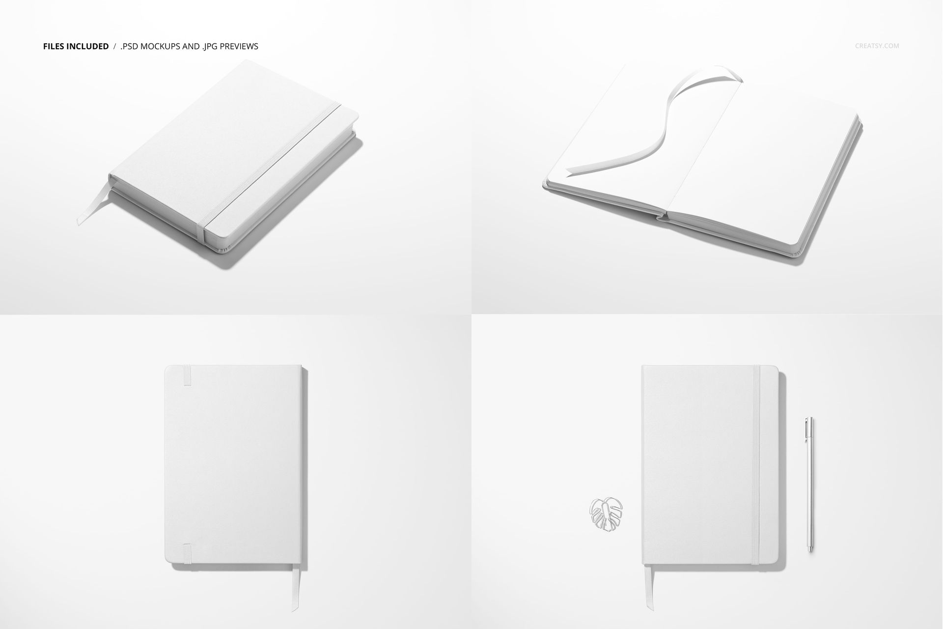 Leather notebook mockup set featuring four white notebooks in various positions, including closed and open views.