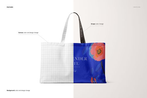 Large tote bag mockup showing a front view, with one half featuring a grid pattern and the other a floral design on blue.
