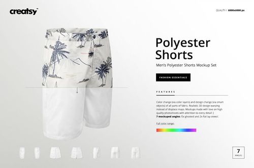 Men’s polyester shorts mockup featuring a tropical palm tree print on the upper half, shown in front view on a light background.