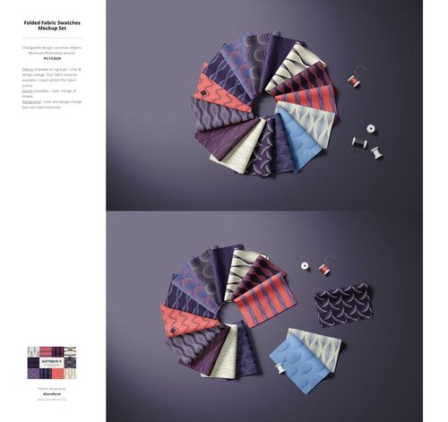 PSD mockup displaying assorted fabric swatches with wave and geometric patterns in purple, red, and cream colors.