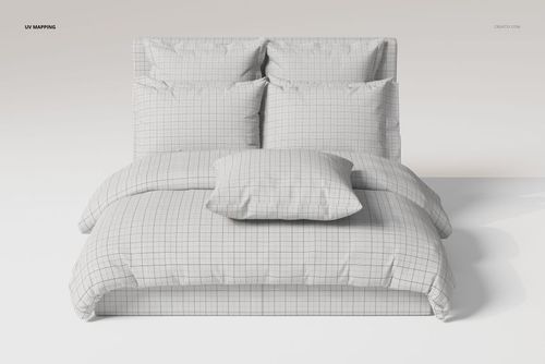 Front view of a ruffled pillows bedding set with a grid pattern, displayed on a bed against a plain background.
