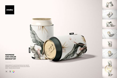 PSD mockup set showing two neoprene can coolers with a leafy floral print, one standing and one on its side.