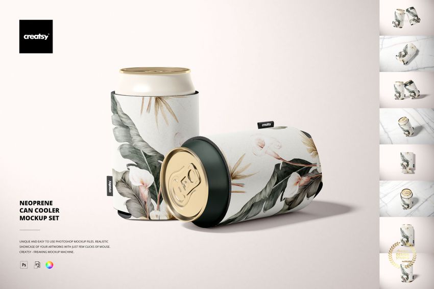 PSD mockup set showing two neoprene can coolers with a leafy floral print, one standing and one on its side.