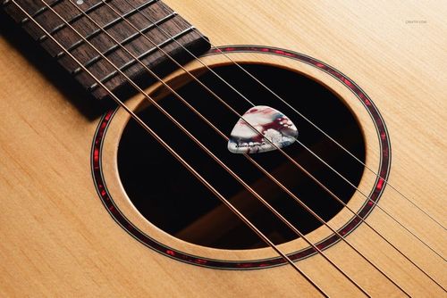 Detailed PSD mockup showing a guitar pick placed under the strings by the soundhole of a wooden acoustic guitar.
