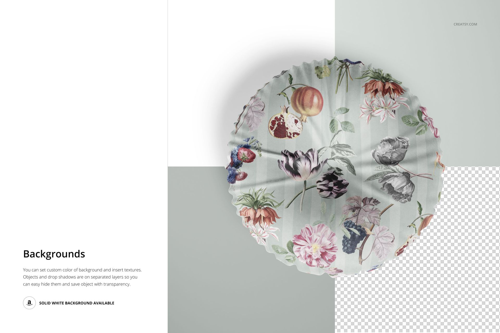 Top view of a round pillow mockup featuring multicolored flowers, placed on a light and gray divided background.