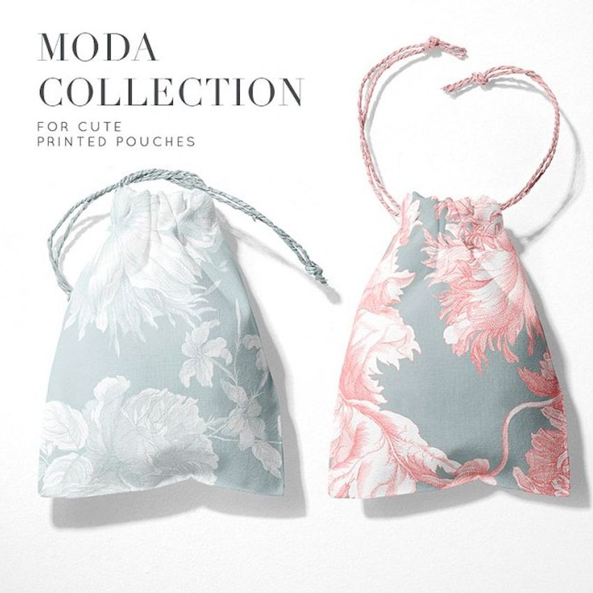 Linen drawstring pouch mockup featuring two fabric bags with floral patterns, one in light blue and one in pink, on a white surface.
