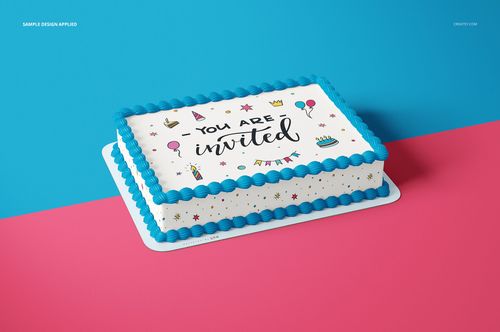 Edible cake topper mockup showing a rectangular cake with blue frosting border and festive printed design, angled perspective.