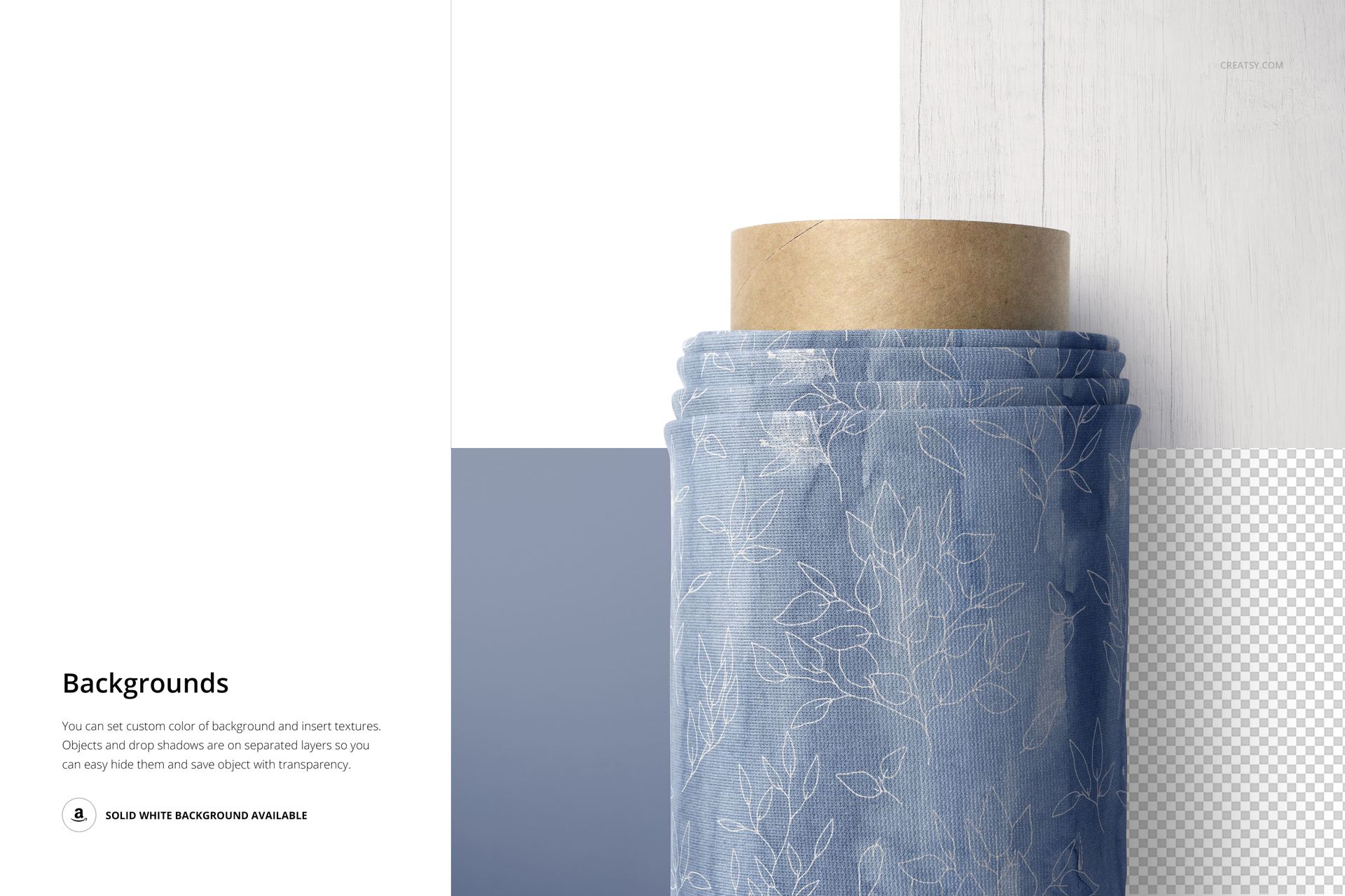 Top view close-up of a fabric roll mockup with a blue textile featuring a subtle white leaf pattern.