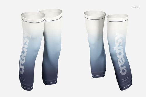 Set of four legs compression sleeves mockup featuring a blue to white gradient pattern, displayed side by side.