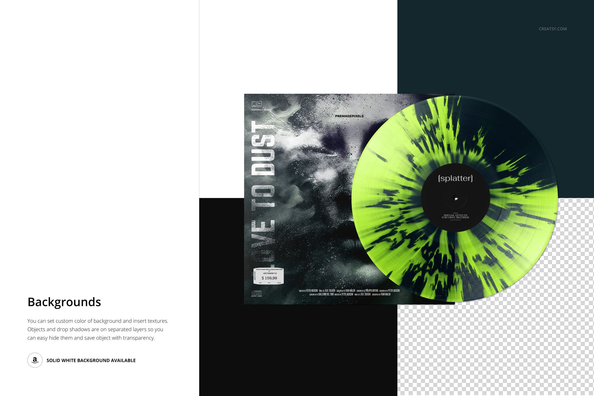 Mockup of a vinyl record featuring a green splatter design and its cover, set against a white and black geometric layout.