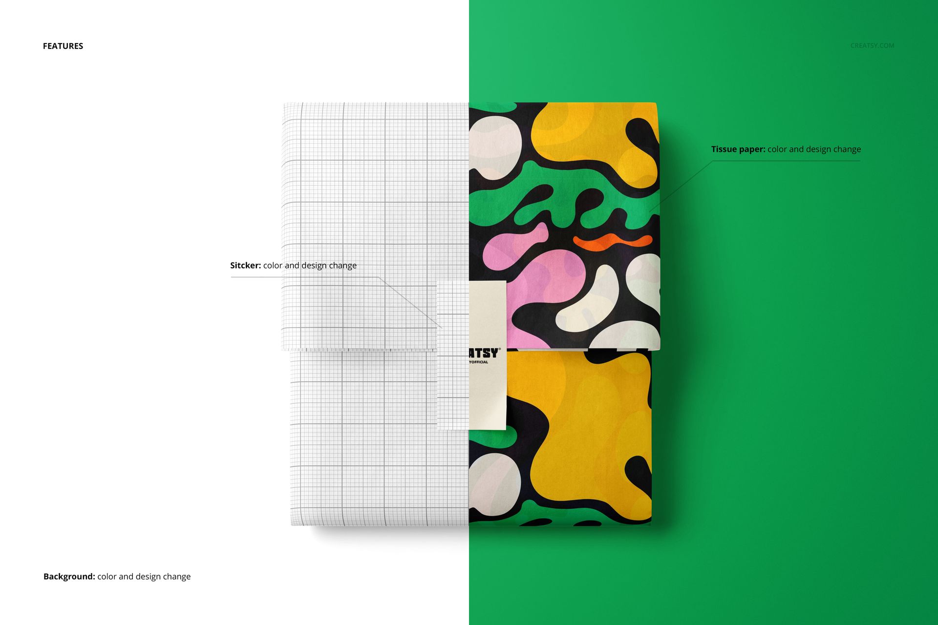 Packaging mockup featuring tissue paper wrapped with a vertical sticker, half in grid design and half in vibrant colors.